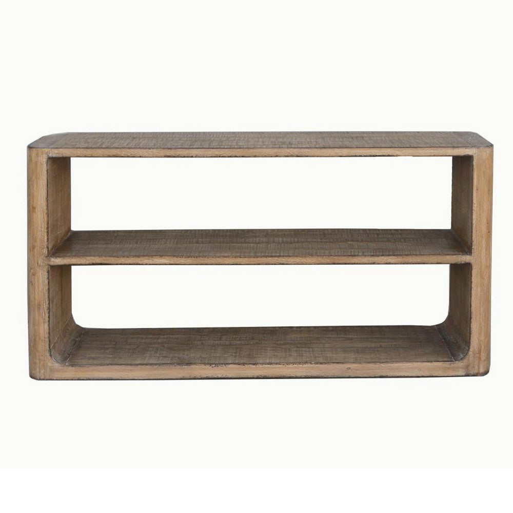Roki Sofa Console Table w 2 Shelf, 60 Inch Natural Brown Pine Wood Top -BM326589