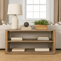 Roki Sofa Console Table w 2 Shelf, 60 Inch Natural Brown Pine Wood Top -BM326589