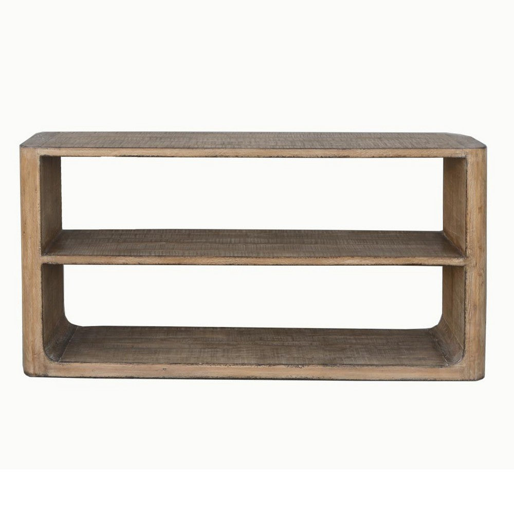 Roki Sofa Console Table w 2 Shelf, 60 Inch Natural Brown Pine Wood Top -BM326589
