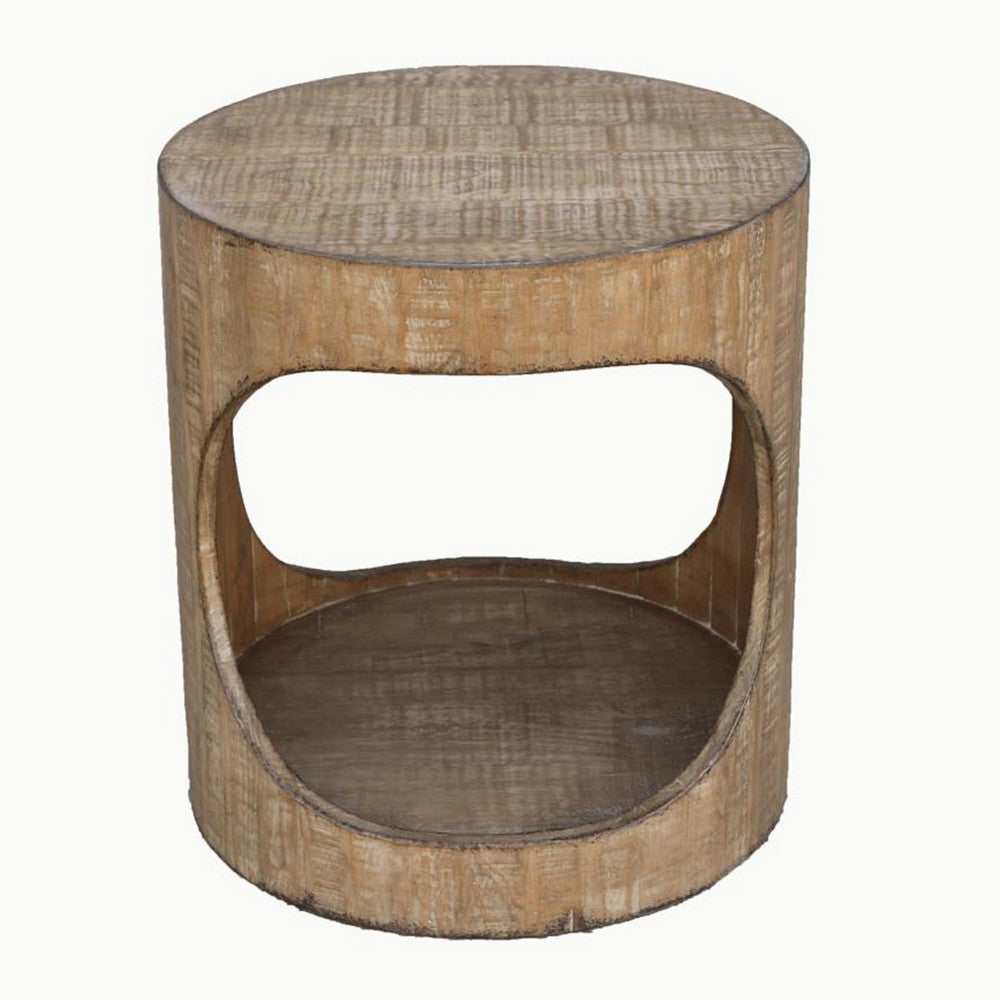Roki Side End Table w Shelf, 22 Inch Natural Brown Pine Wood Round Top -BM326590