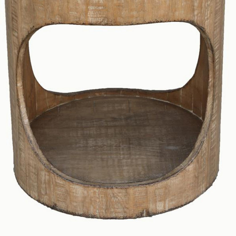 Roki Side End Table w Shelf, 22 Inch Natural Brown Pine Wood Round Top -BM326590