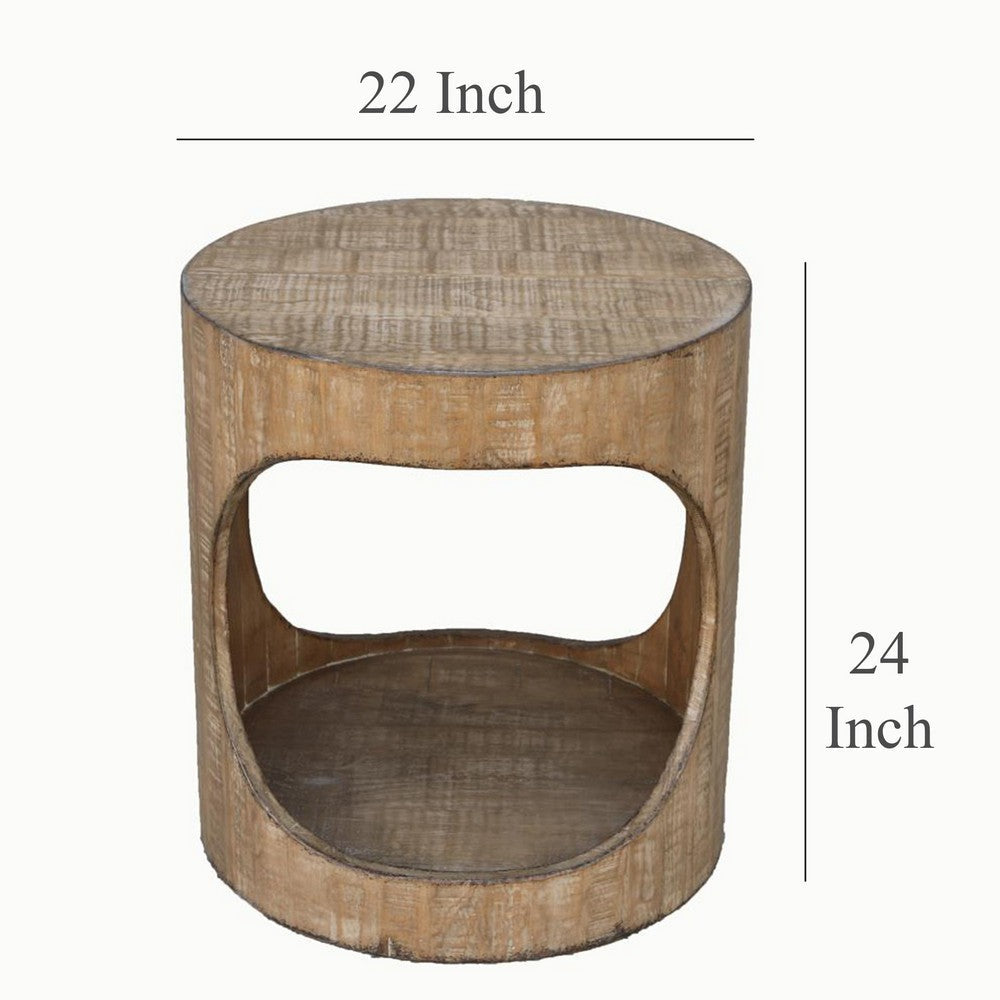 Roki Side End Table w Shelf, 22 Inch Natural Brown Pine Wood Round Top -BM326590