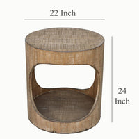 Roki Side End Table w Shelf, 22 Inch Natural Brown Pine Wood Round Top -BM326590