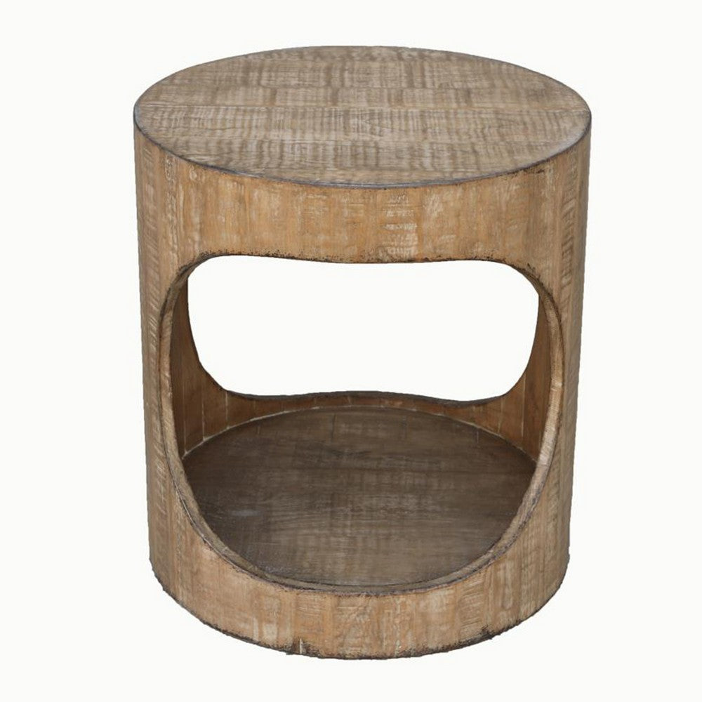 Roki Side End Table w Shelf, 22 Inch Natural Brown Pine Wood Round Top -BM326590