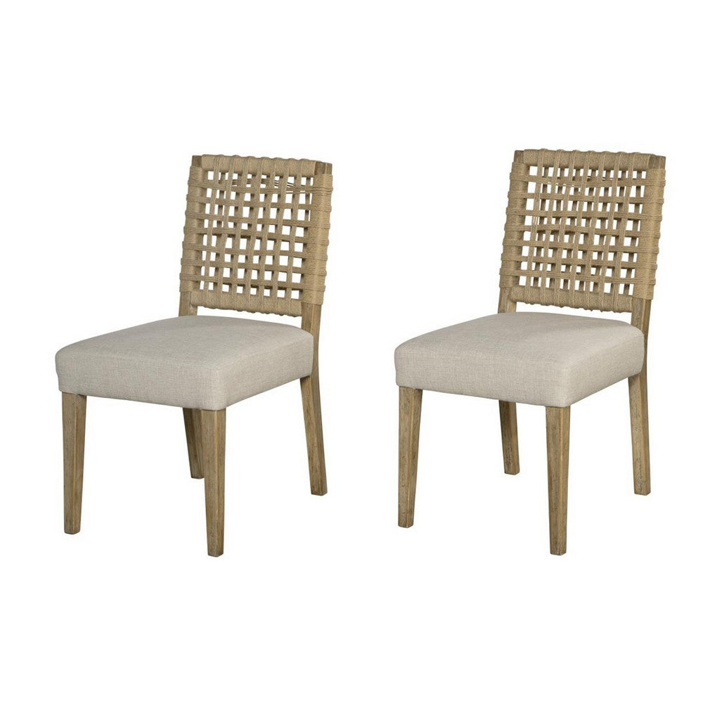 Trya Dining Side Chair Set of 2, Woven Backrest, White, Pine Wood -BM326610