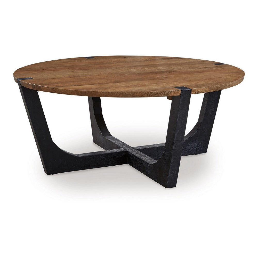 Leyi Round Coffee Table, Angled Legs, 44 Inch Brown Mango Wood -BM327354