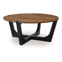 Leyi Round Coffee Table, Angled Legs, 44 Inch Brown Mango Wood