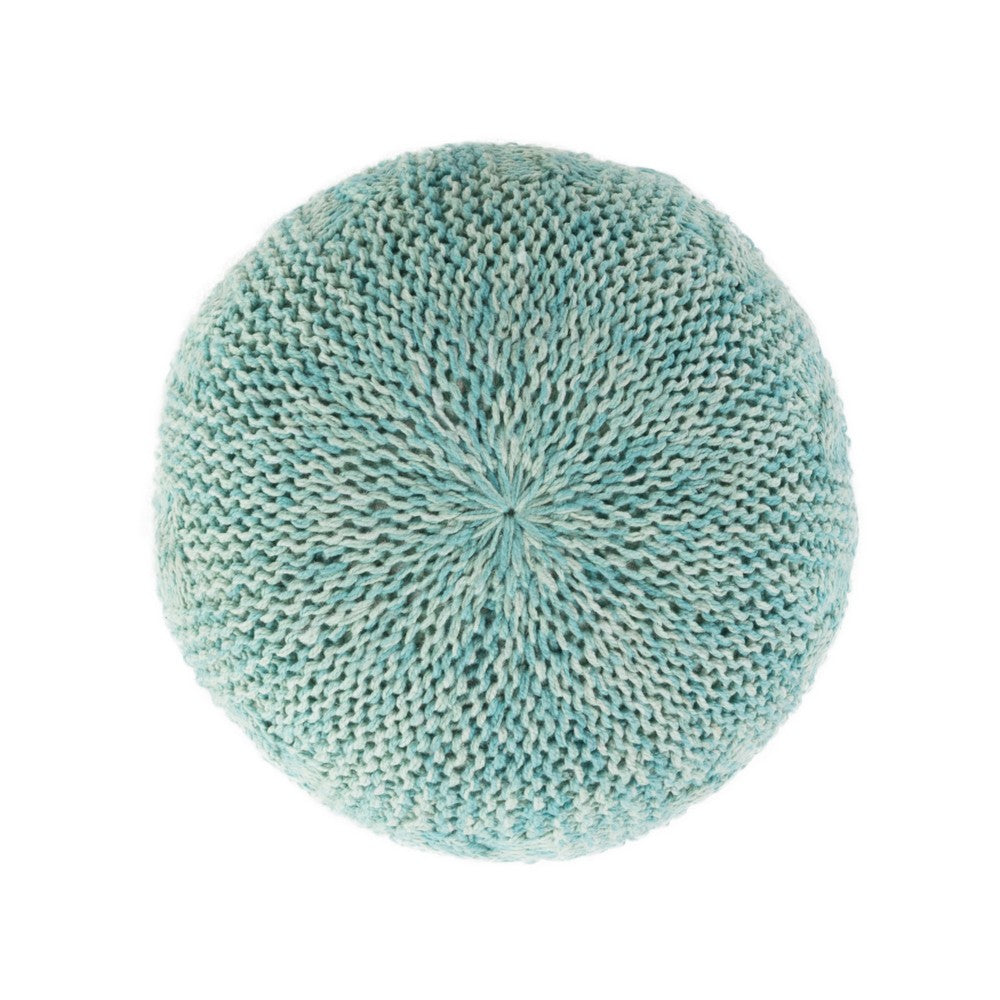 Trail Pouf Ottoman, 20 Inch, Round, Knitted Boho Design, Teal Wool -BM327713