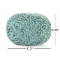 Trail Pouf Ottoman, 20 Inch, Round, Knitted Boho Design, Teal Wool -BM327713