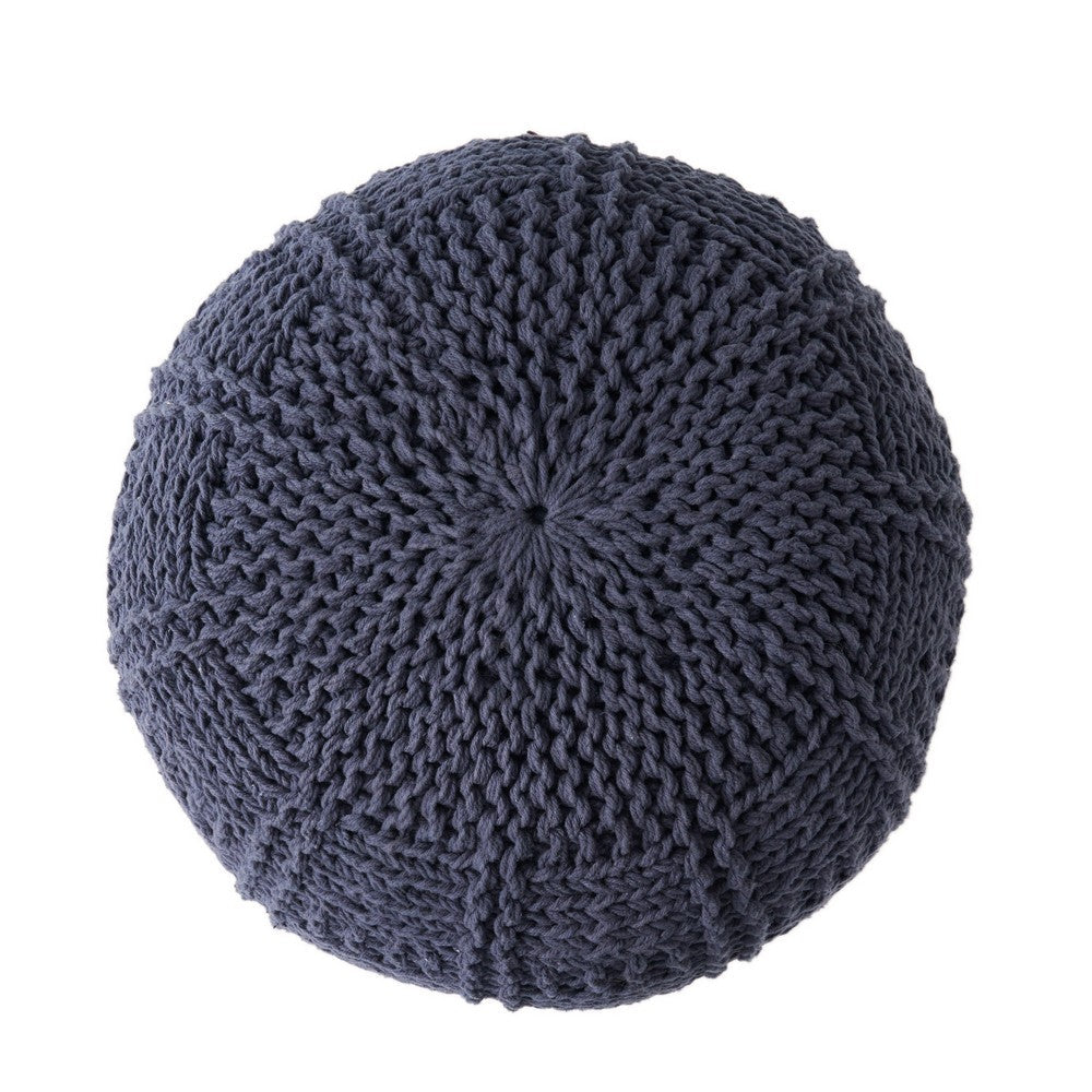 Trail Pouf Ottoman, 20 Inch, Round, Knitted Design, Navy Blue Wool -BM327715
