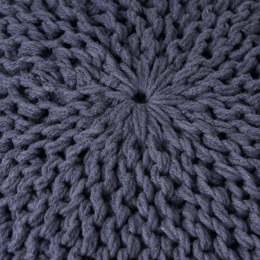 Trail Pouf Ottoman, 20 Inch, Round, Knitted Design, Navy Blue Wool -BM327715