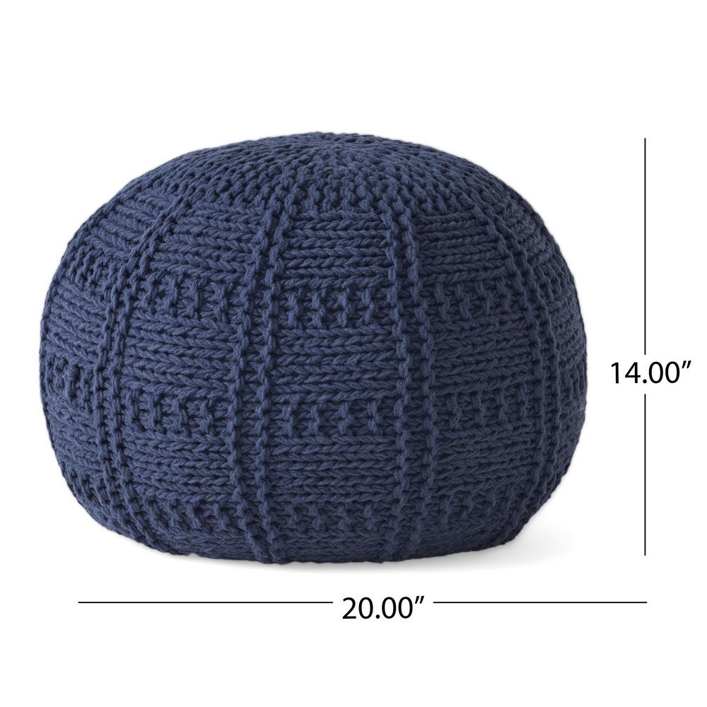 Trail Pouf Ottoman, 20 Inch, Round, Knitted Design, Navy Blue Wool -BM327715