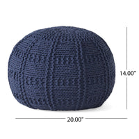 Trail Pouf Ottoman, 20 Inch, Round, Knitted Design, Navy Blue Wool -BM327715