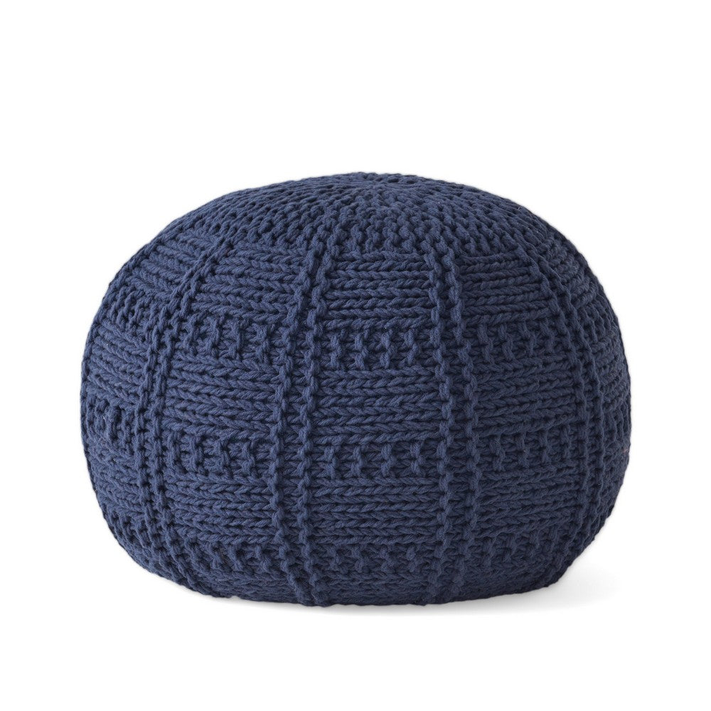 Trail Pouf Ottoman, 20 Inch, Round, Knitted Design, Navy Blue Wool -BM327715