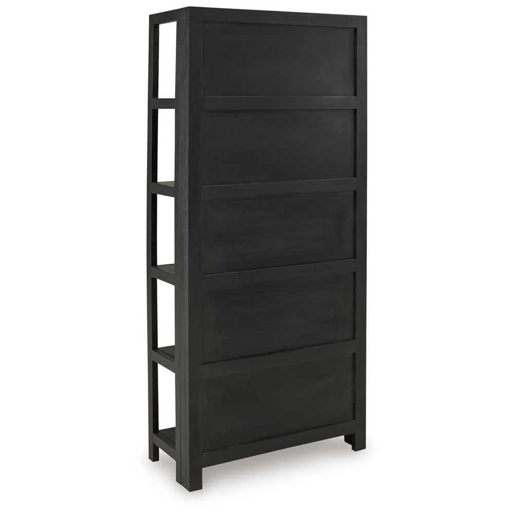 Bookcase, 70 Inch, 5 Wood Storage Shelves, Black and Brown Solid Wood -BM327869