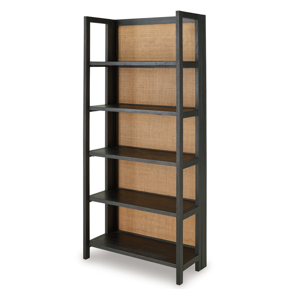 Bookcase, 70 Inch, 5 Wood Storage Shelves, Black and Brown Solid Wood -BM327869