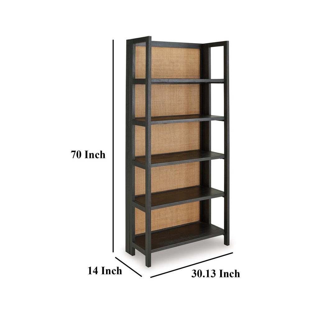 Bookcase, 70 Inch, 5 Wood Storage Shelves, Black and Brown Solid Wood -BM327869