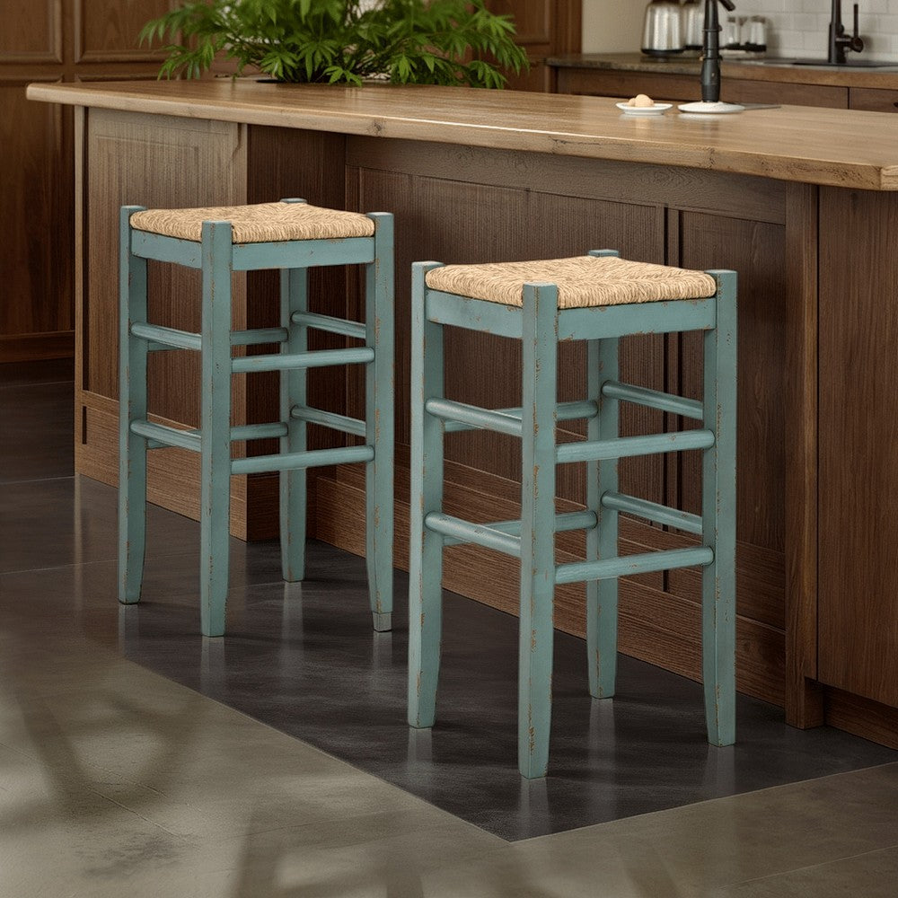 Anya Bar Height Stool Set of 2, Brown Woven Seat, 30 Inch Rustic Blue -BM328103