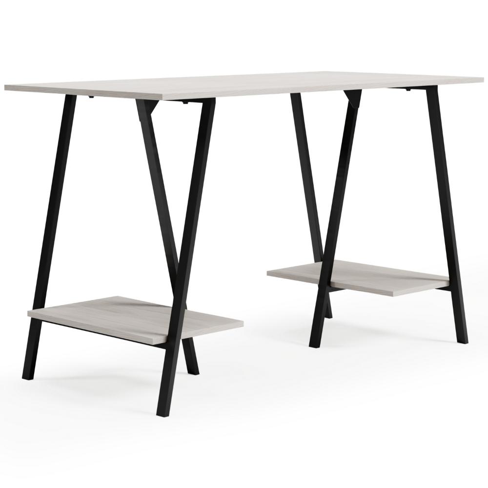 Gem Home Office Desk, 47 Inch Gray Top w Shelves, Whitewash, Black