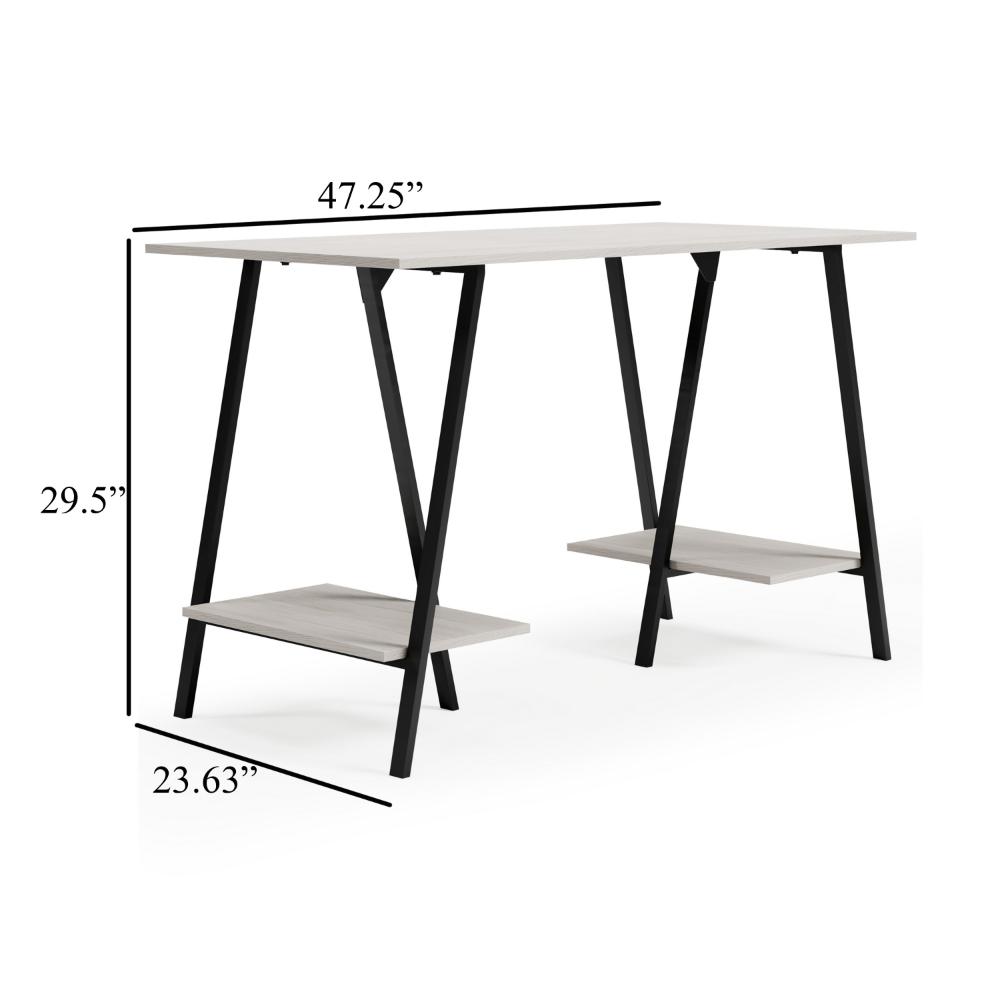 Gem Home Office Desk, 47 Inch Gray Top w Shelves, Whitewash, Black -BM328106