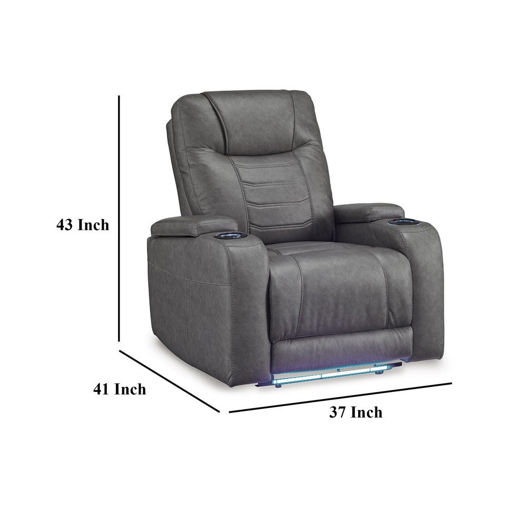 Scon Power Recliner Chair, 37 Inch, LED Light, Gray Faux Leather -BM328222