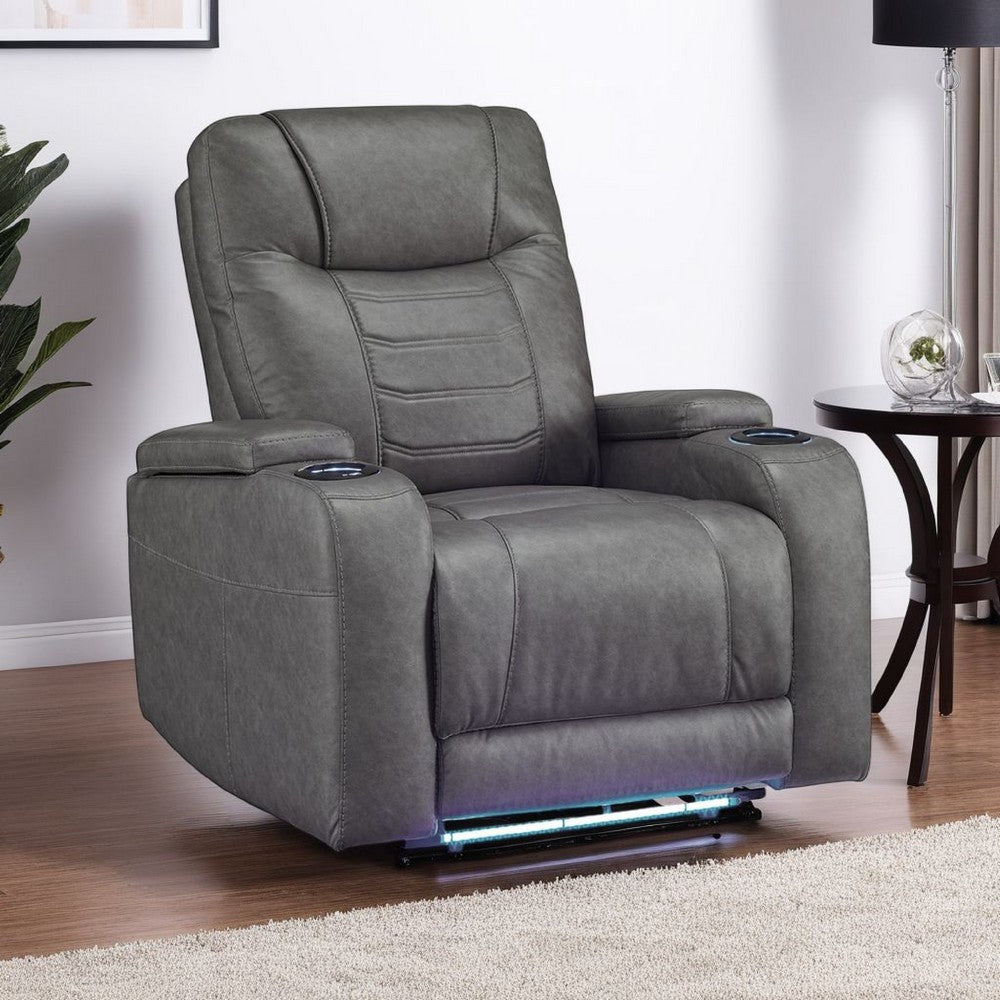 Scon Power Recliner Chair, 37 Inch, LED Light, Gray Faux Leather -BM328222