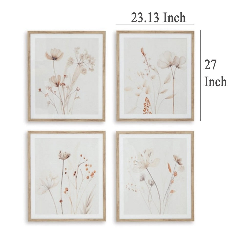 Corwin Wall Art Set of 4, Simple Flowers, Light Brown Wood Frame 23x27 -BM329058