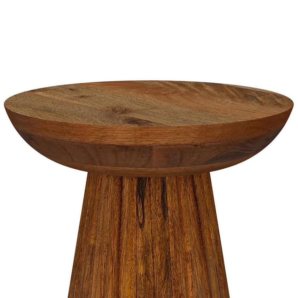 Ureo Round Accent Side Table, Cone Pedestal Base, Brown Mango Wood -BM329155