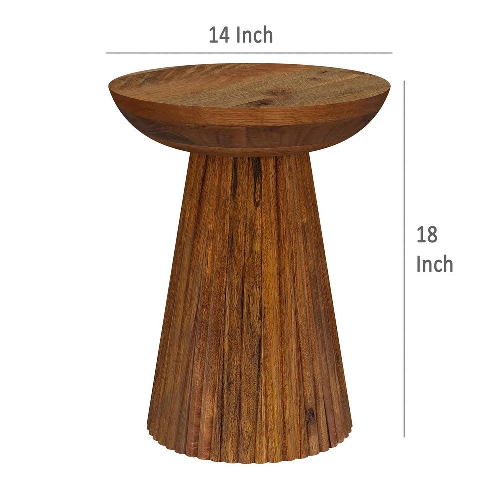 Ureo Round Accent Side Table, Cone Pedestal Base, Brown Mango Wood -BM329155