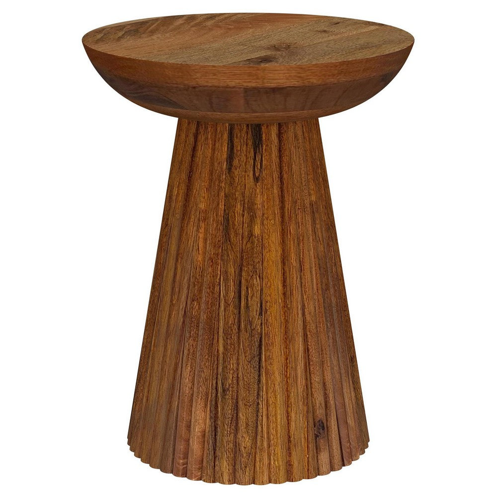 Ureo Round Accent Side Table, Cone Pedestal Base, Brown Mango Wood -BM329155