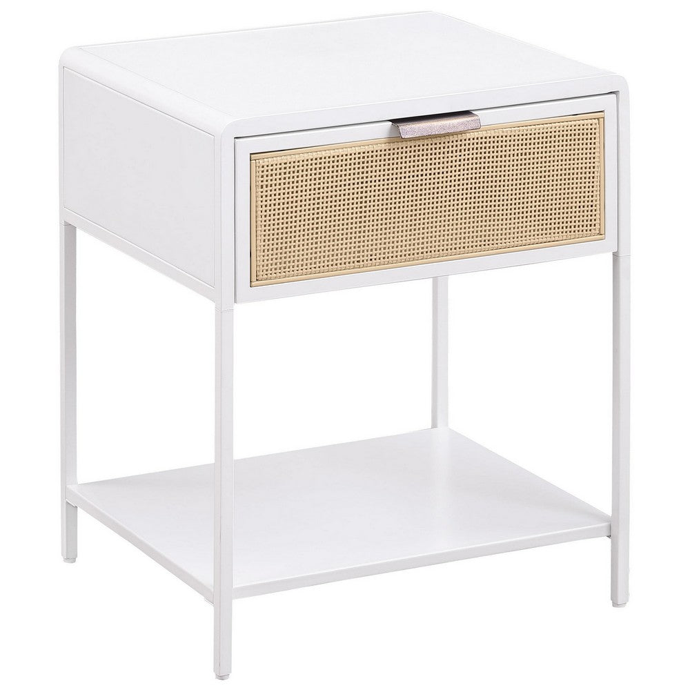 Lanie Bedside Table with Drawer and Open Shelf, PE Cane, White Metal -BM329167