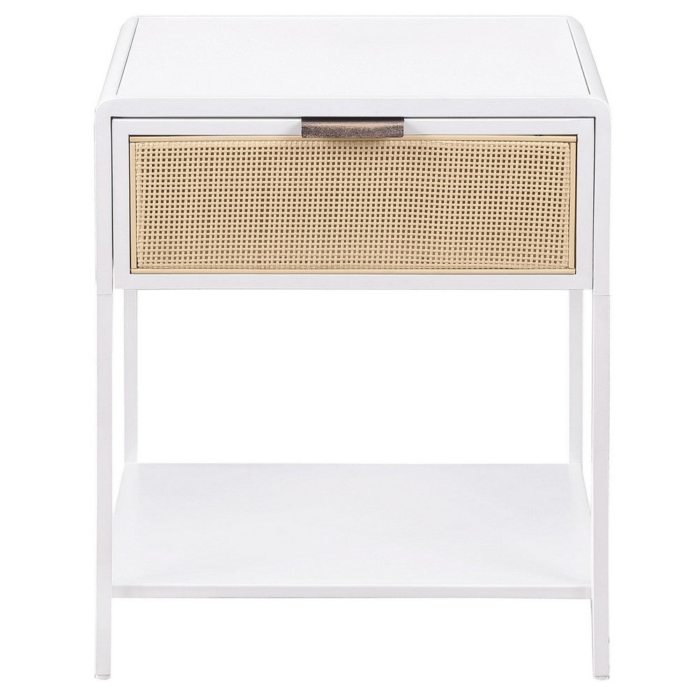 Lanie Bedside Table with Drawer and Open Shelf, PE Cane, White Metal -BM329167