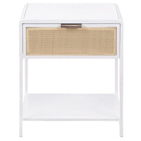 Lanie Bedside Table with Drawer and Open Shelf, PE Cane, White Metal -BM329167