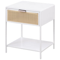 Lanie Bedside Table with Drawer and Open Shelf, PE Cane, White Metal -BM329167