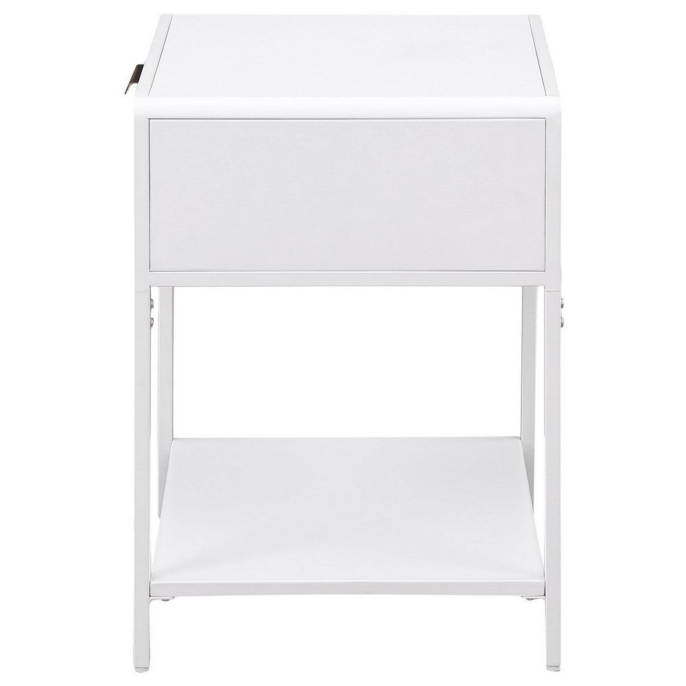 Lanie Bedside Table with Drawer and Open Shelf, PE Cane, White Metal -BM329167