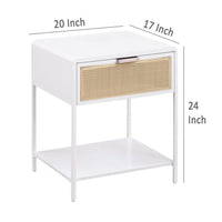 Lanie Bedside Table with Drawer and Open Shelf, PE Cane, White Metal -BM329167