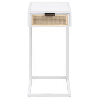 Lanie Side C Table, 1 Drawer, Sleek White Metal Frame, Faux Rattan -BM329177
