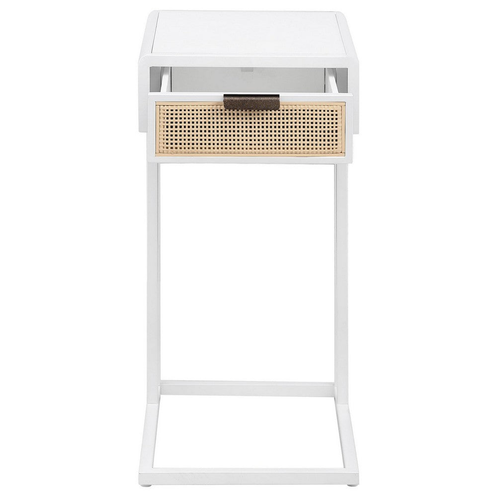 Lanie Side C Table, 1 Drawer, Sleek White Metal Frame, Faux Rattan -BM329177