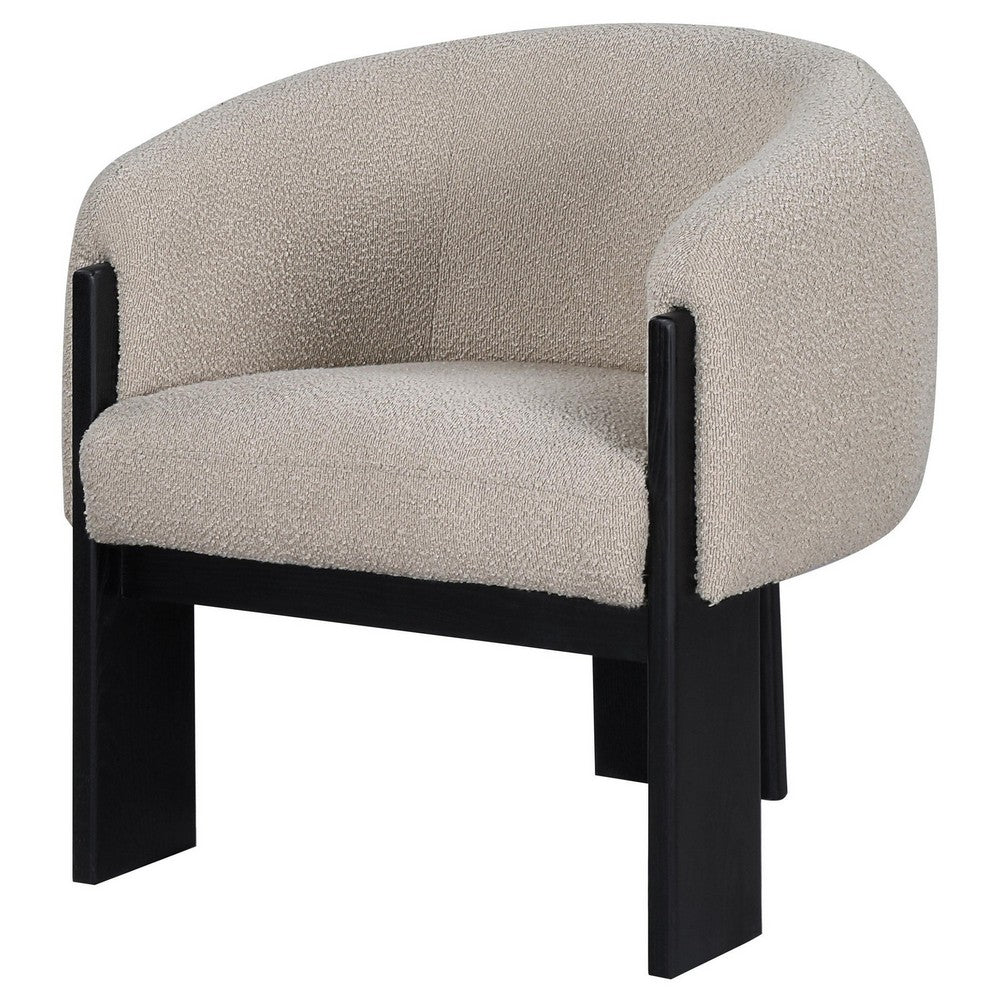 Vala Accent Chair, Modern Plush Beige Boucle Barrel Back, Black Wood -BM329633