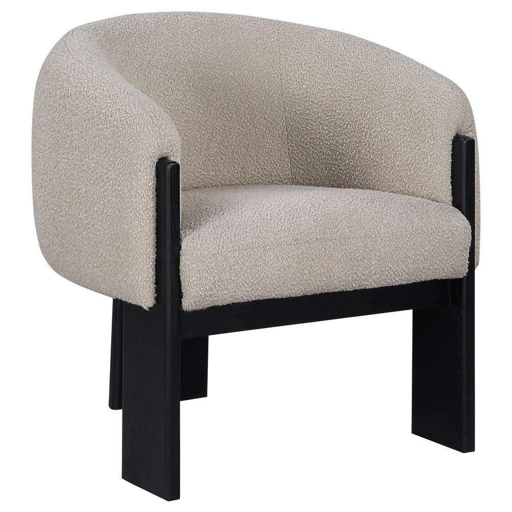 Vala Accent Chair, Modern Plush Beige Boucle Barrel Back, Black Wood -BM329633