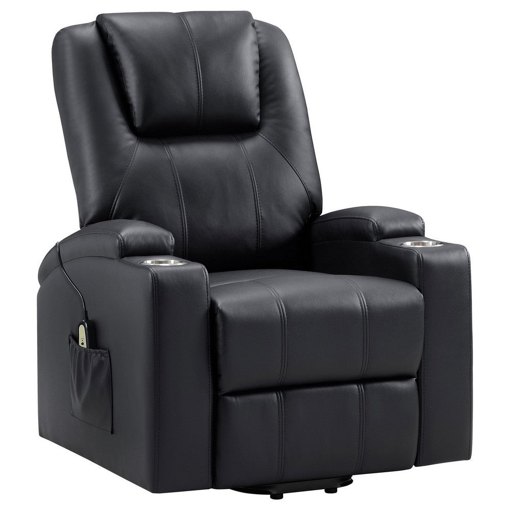 Stoy Power Lift Recliner Chair, Massage, 36 Inch Black Faux Leather -BM329739