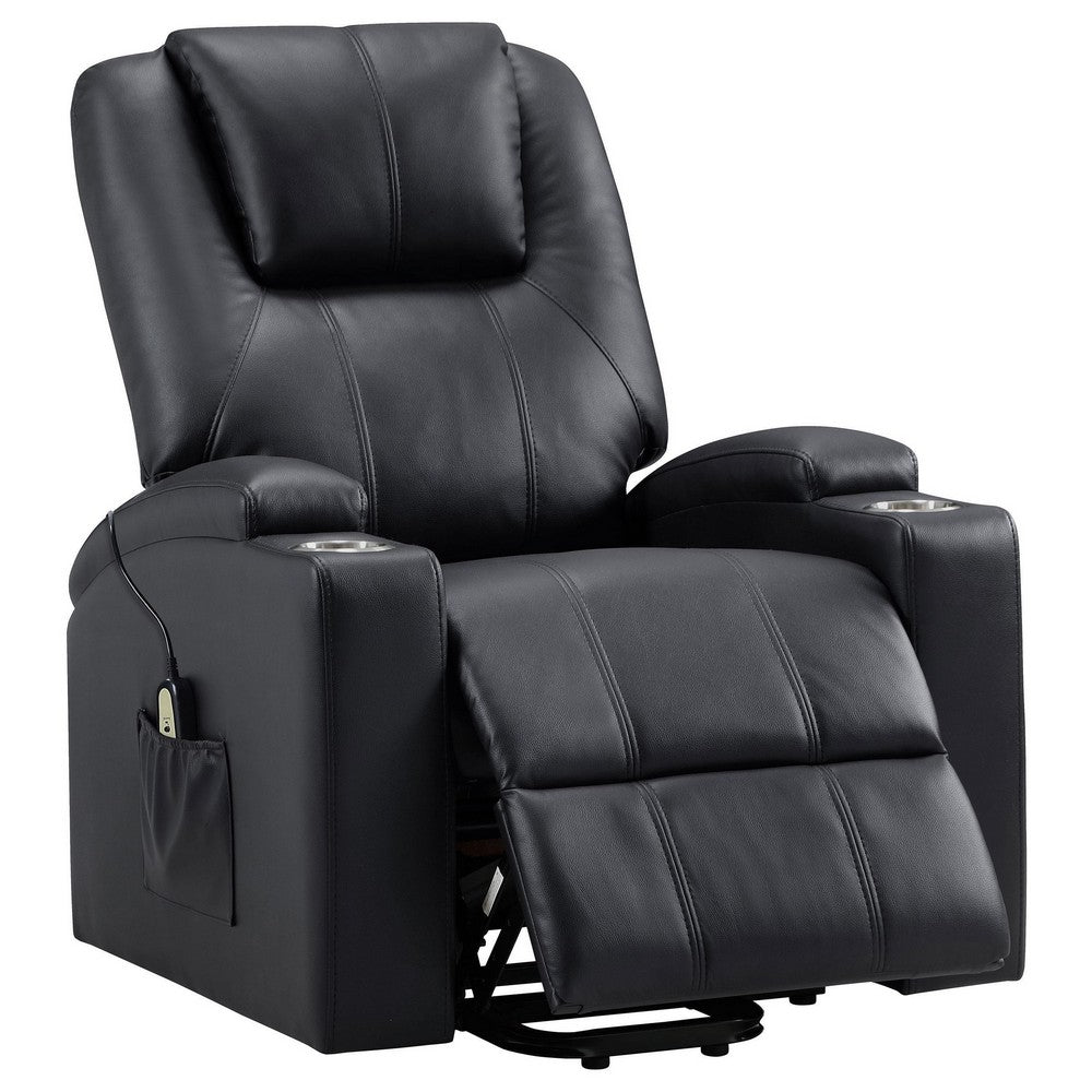 Stoy Power Lift Recliner Chair, Massage, 36 Inch Black Faux Leather -BM329739