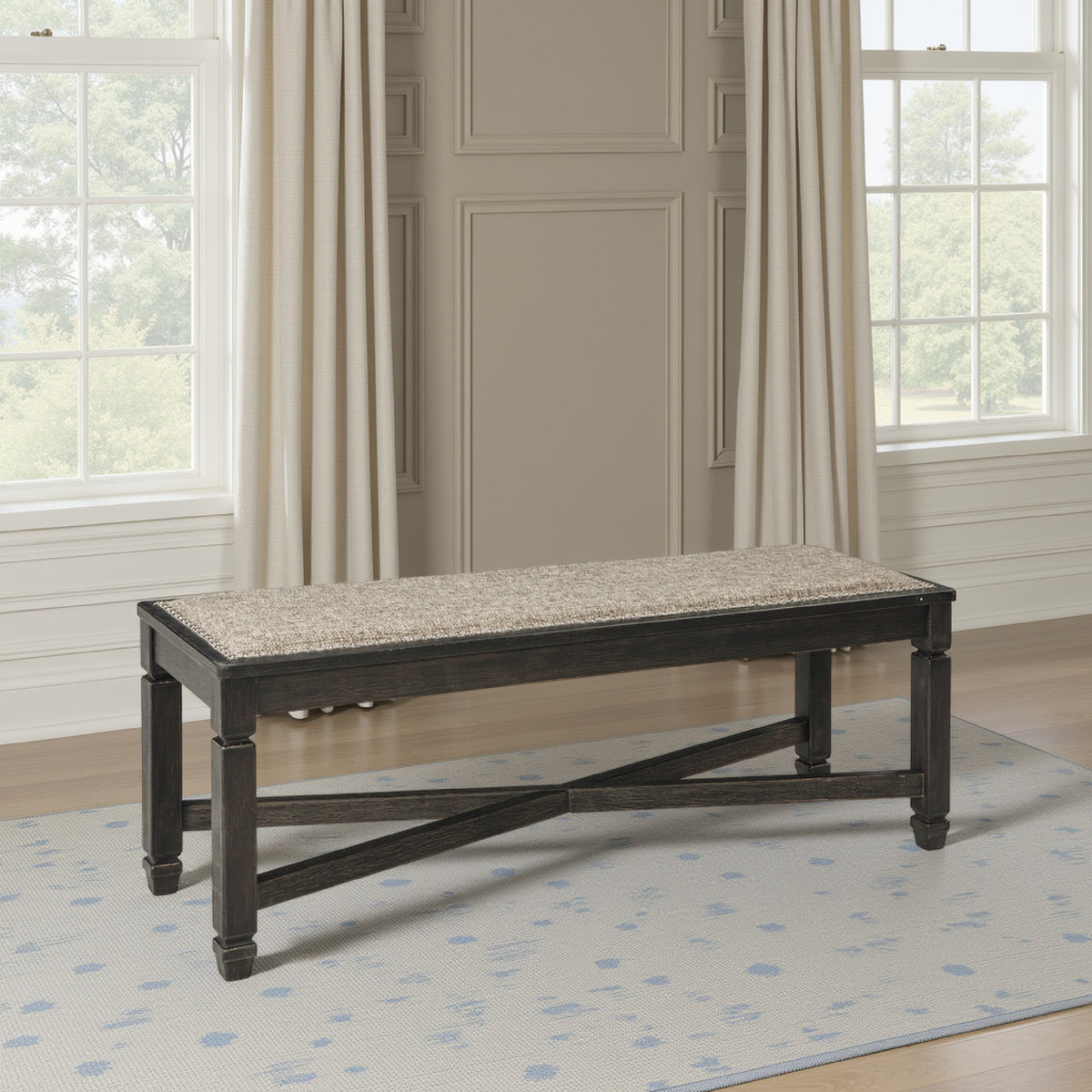 Trekk Dining Bench, X-Stretcher and Nailhead Trim, Black Wood, 50 Inch -BM329787
