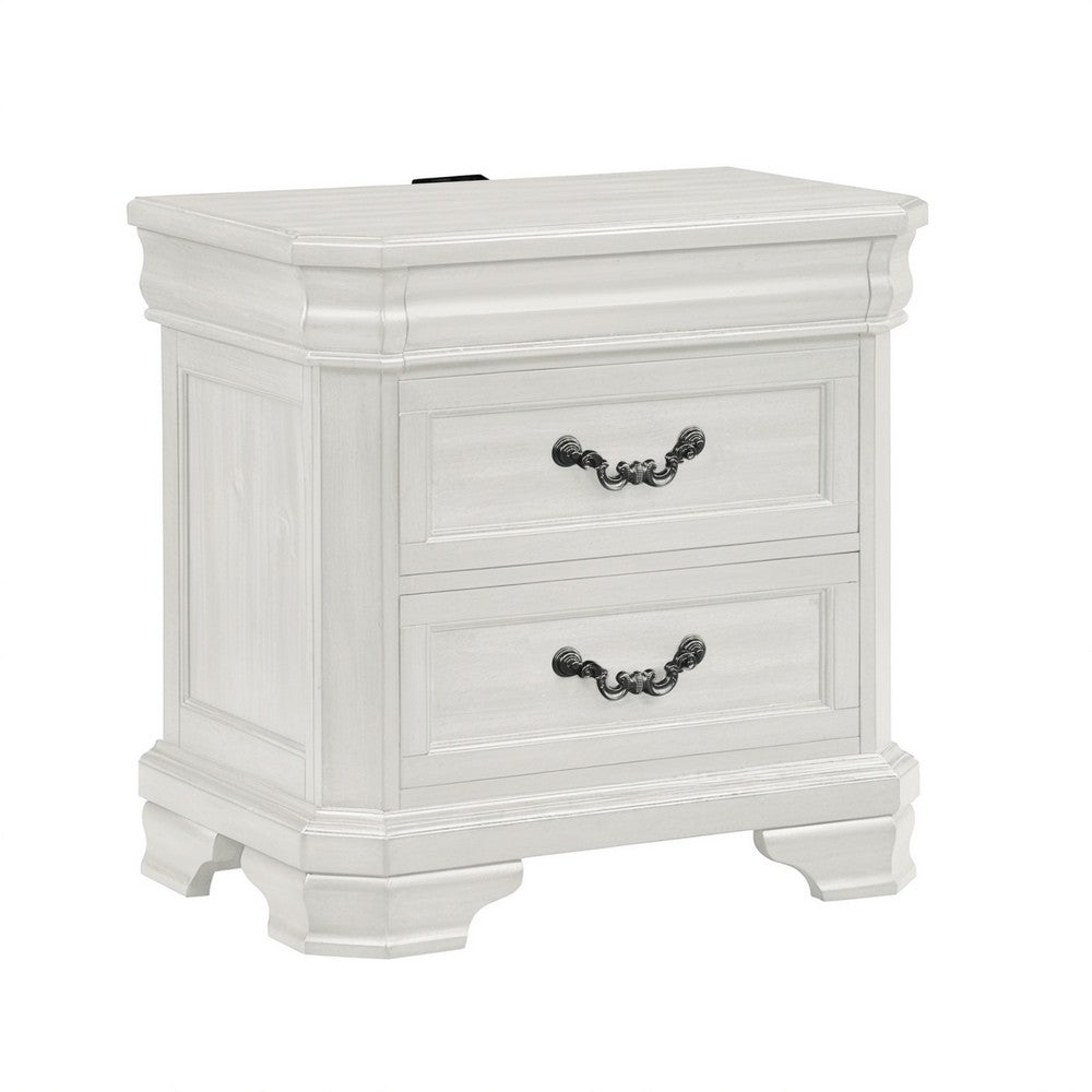 Lynda Nightstand, 2 Drawers Metal Handles, White Acacia Wood 27 Inch -BM329961