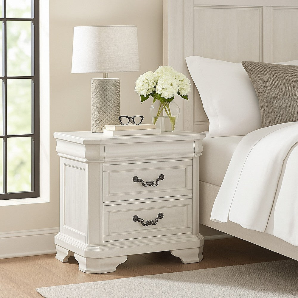 Lynda Nightstand, 2 Drawers Metal Handles, White Acacia Wood 27 Inch -BM329961