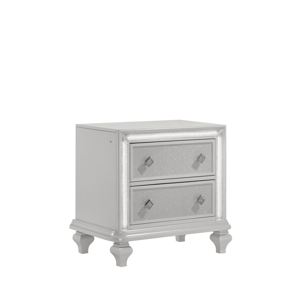 Stacy Nightstand with 2 Drawers and LED Lights, Silver and White Wood -BM329983