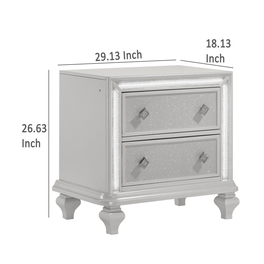 Stacy Nightstand with 2 Drawers and LED Lights, Silver and White Wood -BM329983