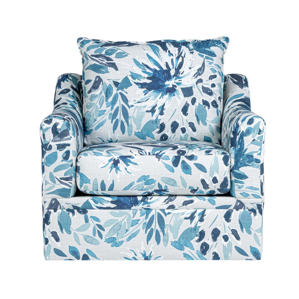 Ivie Swivel Accent Armchair, Blue and White Floral Print Polyester -BM329986