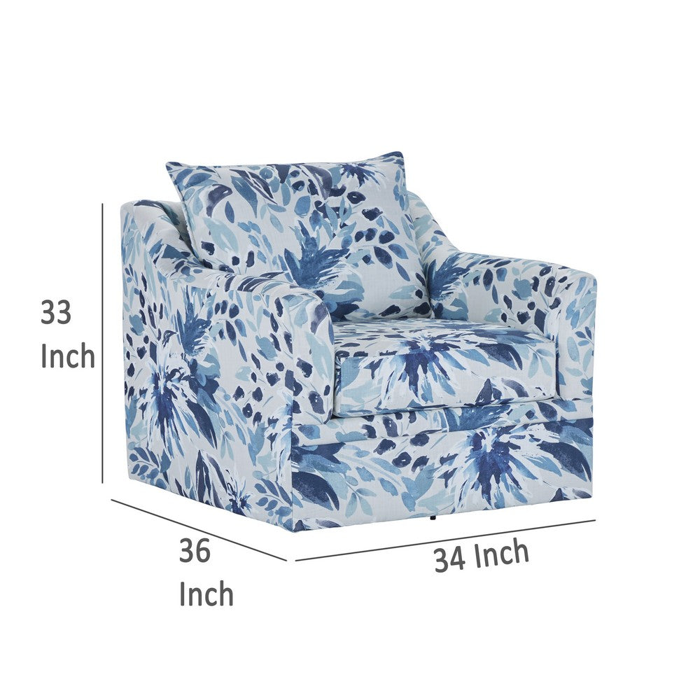 Ivie Swivel Accent Armchair, Blue and White Floral Print Polyester -BM329986