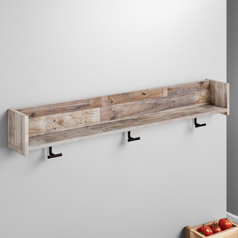 Elis Wall Mounted Coat Rack, 3 Hooks and Shelf, Butcher Block White -BM330032